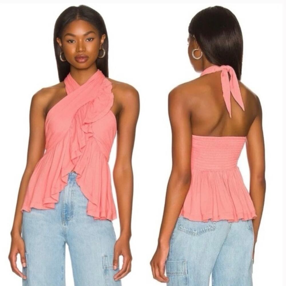 Free People Pink Ruffle Halter Tank Top